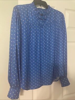Vineyard Vines Royal Blue Silk Tiny Floral Blouse with Ruffles at Neck & Wrist